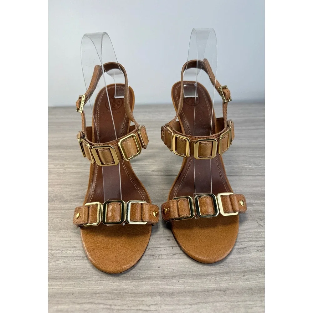 Tory Burch Heeled Sandals Gladiator Strappy Buckle Tan Leather Luxe Glam 10.5